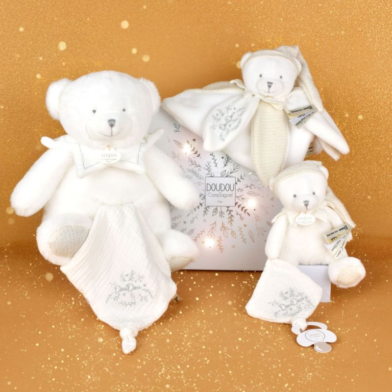 Image d'ambiance de présentation du produit Peluche attache-sucette Ours Pantin Argent (20 cm) - Doudou et Compagnie